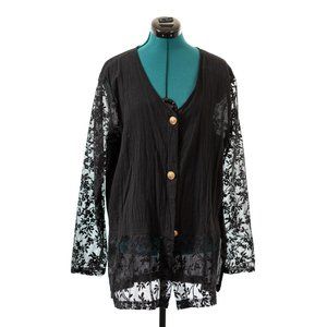Delta Burke Vintage Long Sleeve Crepe Style Lace Blouse Shirt Top Black Women's